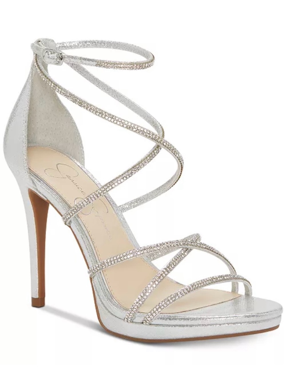 Jessica Simpson Jaeya Rhinestone Strappy Heels Platinum Shimmer Sand Size 10